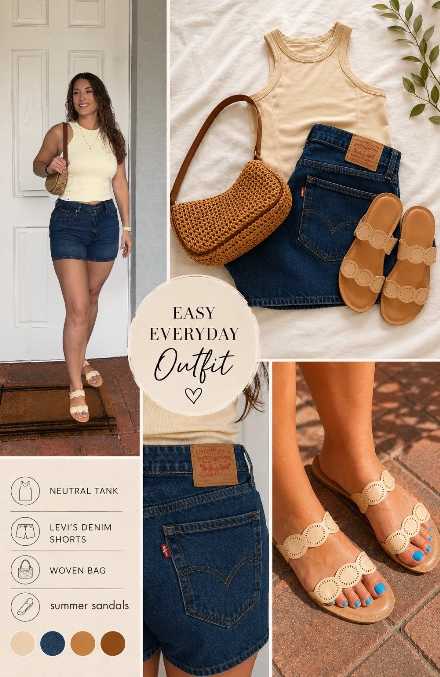 Easy everyday summer outfit 🤍👡

Wearing my favorite OQQ tank, Levi’s denim shorts, and these Target sandals that seriously go with everything ✨ paired with a woven bag for the perfect neutral summer look. Casual, comfy, and easy for everyday summer outfits, beach days, errands, coffee runs, and vacation looks.

#LTKootd #LTKSeasonal #LTKgrwm