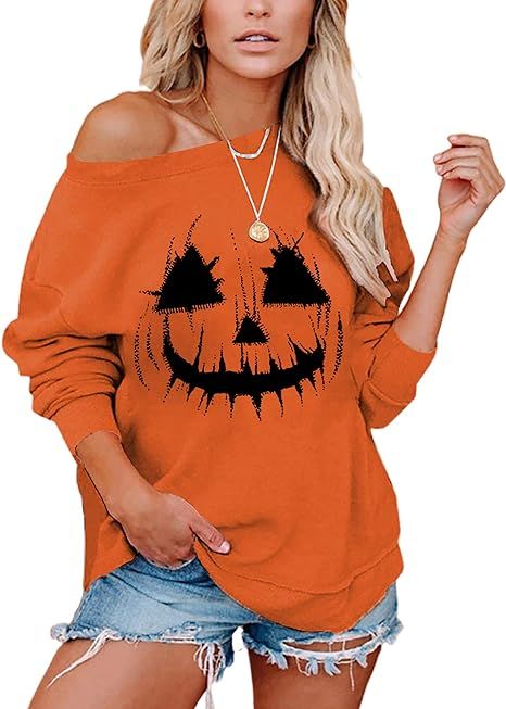 VILOVE Pumpkin Sweatshirts for Women Halloween Off The Shoulder Tops Fall Pumpkin Pullover Funny ... | Amazon (US)