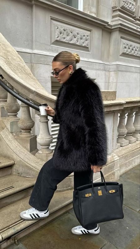 2024 fashion trend - Faux fur coat outfit inspo - Black fur coat, black straight leg jeans and sambas. 

#LTKstyletip #LTKSpringSale #LTKSeasonal