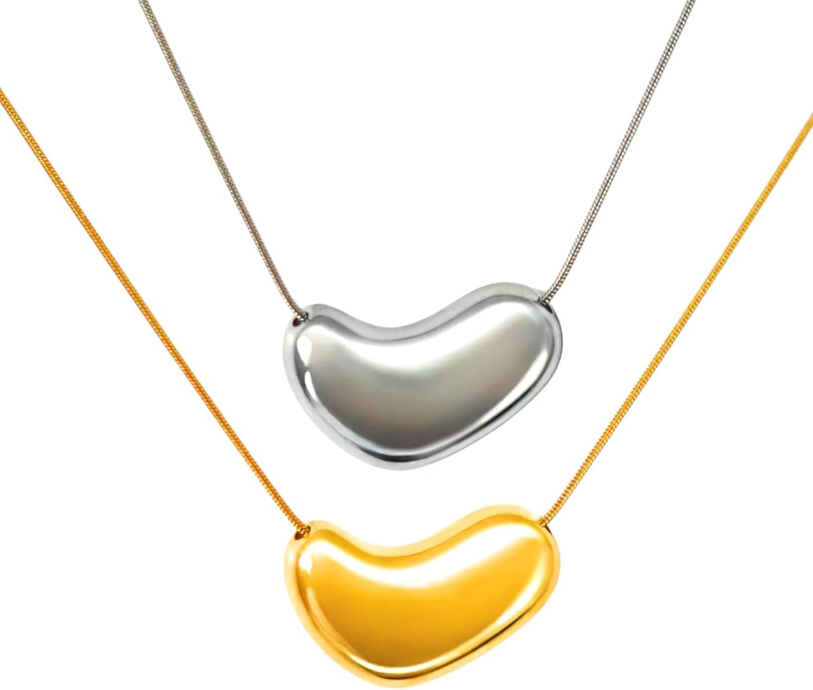 2pcs Set of Silver & Gold Heart Necklace for Women | Bean Necklace for women | Waterproof Jewelry... | Amazon (US)