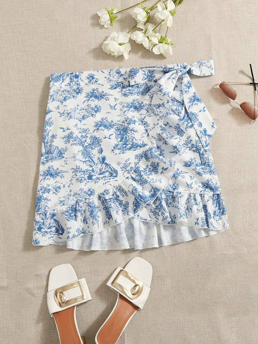 SHEIN Figure & Tree Print Knot Side Ruffle Trim Wrap Skirt | SHEIN
