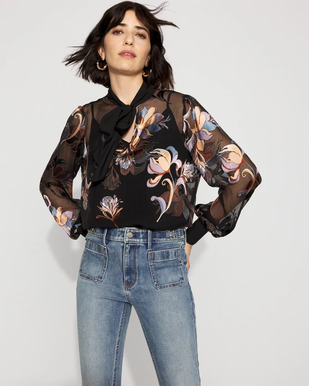 Floral Silk Burnout Tie-Neck Blouse | White House Black Market