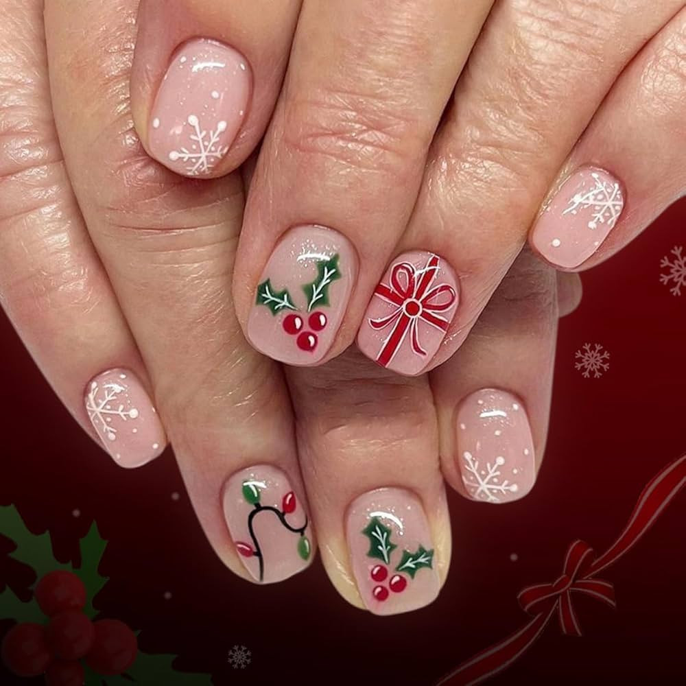 Christmas Nails Press ons Short Square Fake Nails Xmas Light Winterberry Snowflake Bow Design Pre... | Amazon (US)