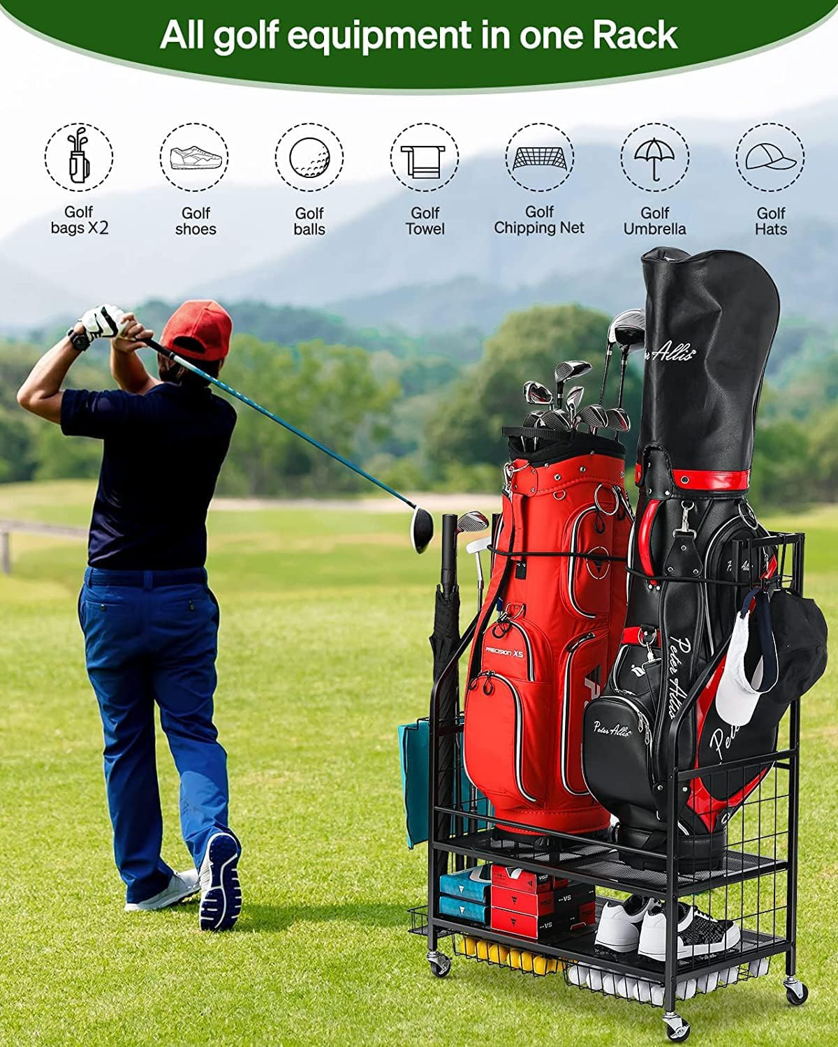 FHXZH Golf Bag Storage Garage Organizer- Golf Bag Stand Fit for 2 Golf Bags and Golf Clubs, Golf ... | Amazon (US)