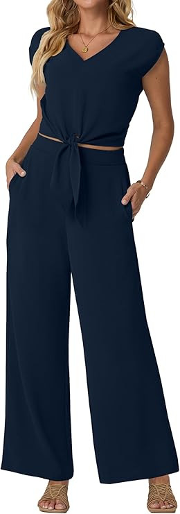 Lepunuo Women Summer 2 Piece Outfits Cap Sleeve V Neck Belted Crop Tops Casual Wide Leg Pants Mat... | Amazon (US)