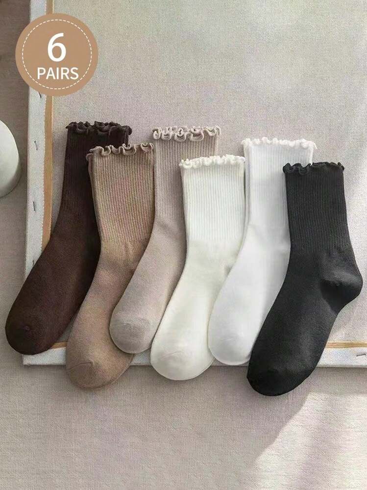 6pairs Japanese Sweet Simple British College Style Ins Mushroom Edge Crew Socks, Fall | SHEIN