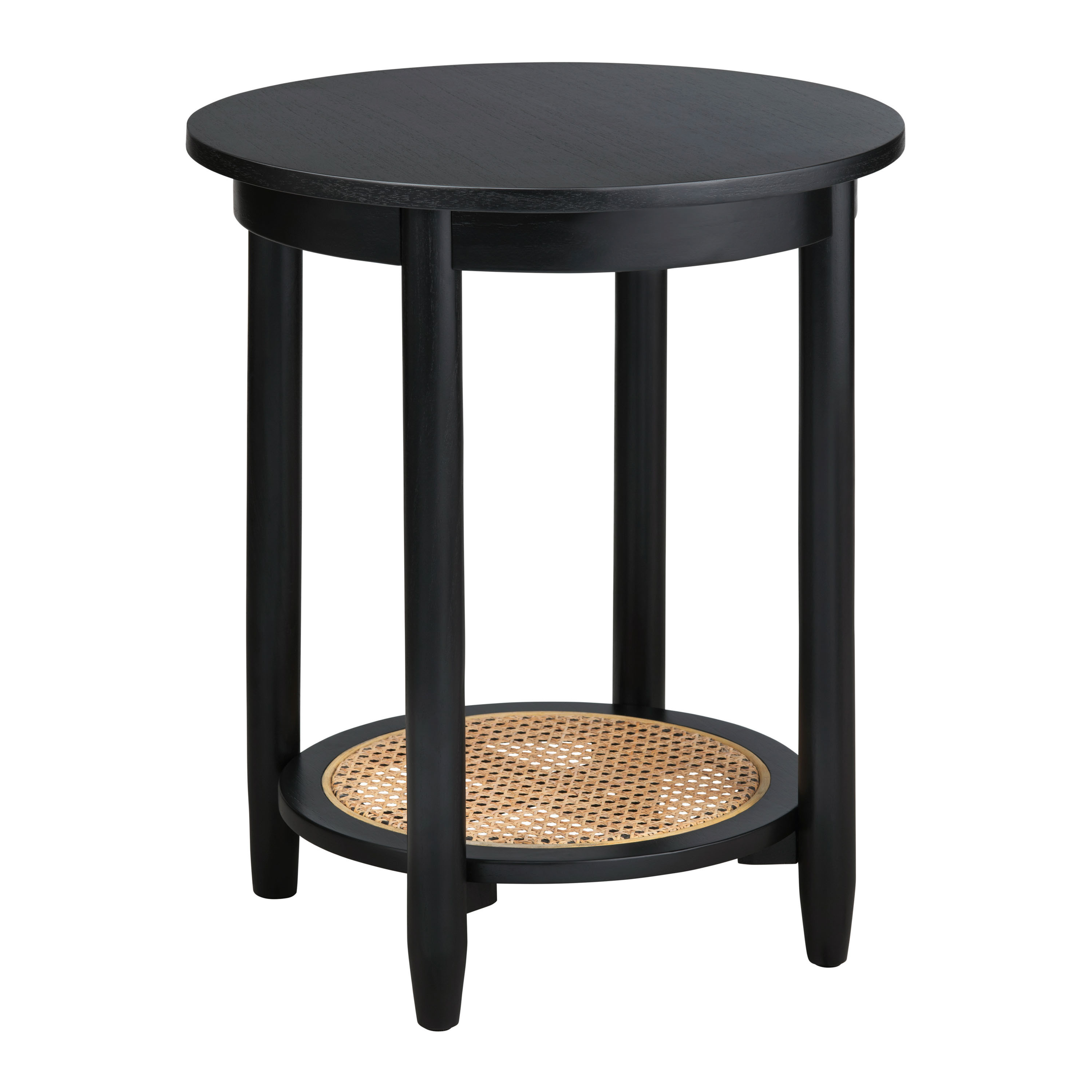 Connaught Round Black Wood and Rattan Side Table with Shelf | World Market