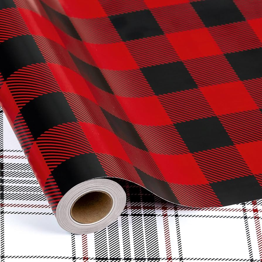 MAYPLUSS Christmas Reversible Wrapping Paper - Mini Roll - 17 Inch X 32.8 Feet - Red Black Buffal... | Amazon (US)
