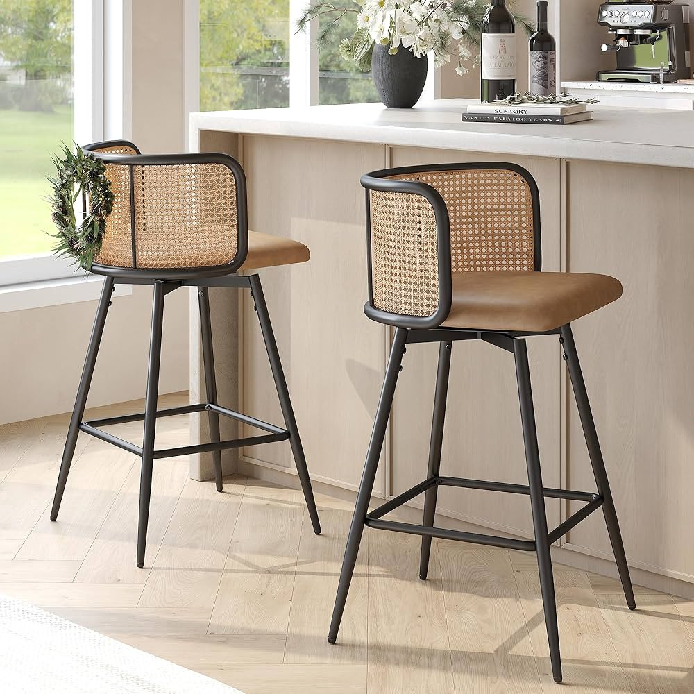 TYBOATLE Swivel Rattan Bar Stools Set of 2, 26” Counter Height Stools with Natural Rattan Woven... | Amazon (US)