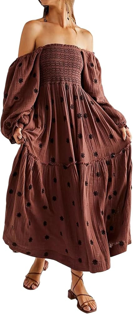 ABYOVRT Women Floral Embroidered Maxi Dress Long Puff Sleeve Square Neck Bohemian Flowy Dress wit... | Amazon (US)