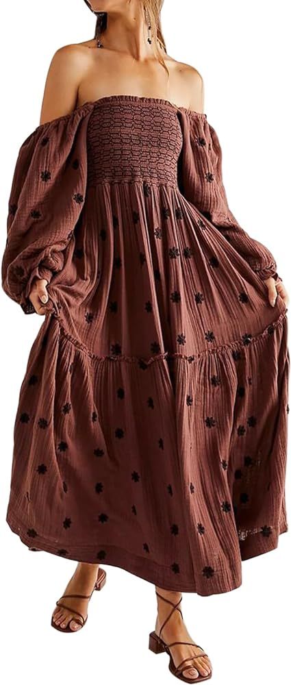 Women Floral Embroidered Maxi Dress Long Puff Sleeve Square Neck Bohemian Flowy Dress with Pocket... | Amazon (US)