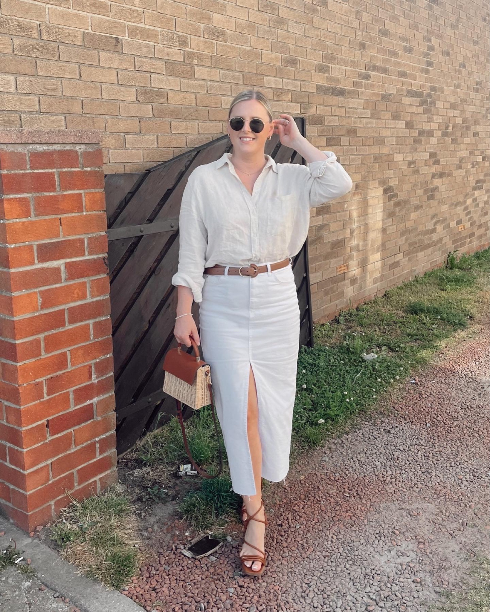 White denim midi skirt outfit with linen shirt. Neutral white outfit with tan accessories! Summer outfit 

#LTKunder100 #LTKSeasonal #LTKeurope