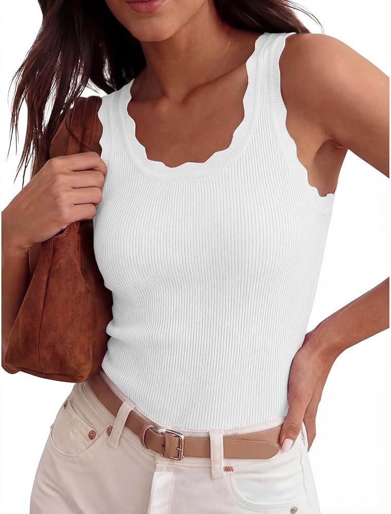 Tank Tops for Women Ribbed Boho Fitted VacationTops Summer Casual Scoop Scalloped Neck Sleeveless... | Amazon (US)