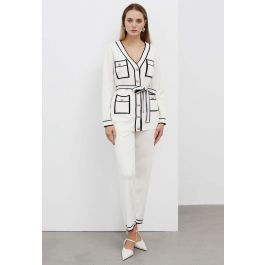 Contrast Edge Buttons Knit Cardigan and Pants Set in White | Chicwish