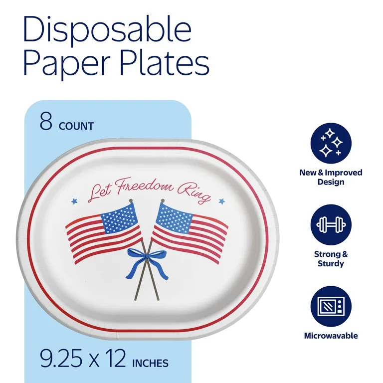 Patriotic Oval Disposable Plates,  Red/White/Blue Flag, 9.25" x 12", 8 Count by Way to Celebrate ... | Walmart (US)