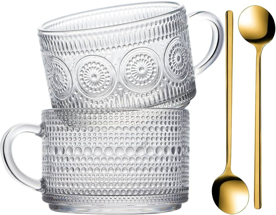 WHJY Vintage Glass Coffee Mugs with Spoon, Set of 2 espresso ribbed glass coffee cup，Embossed T... | Amazon (US)