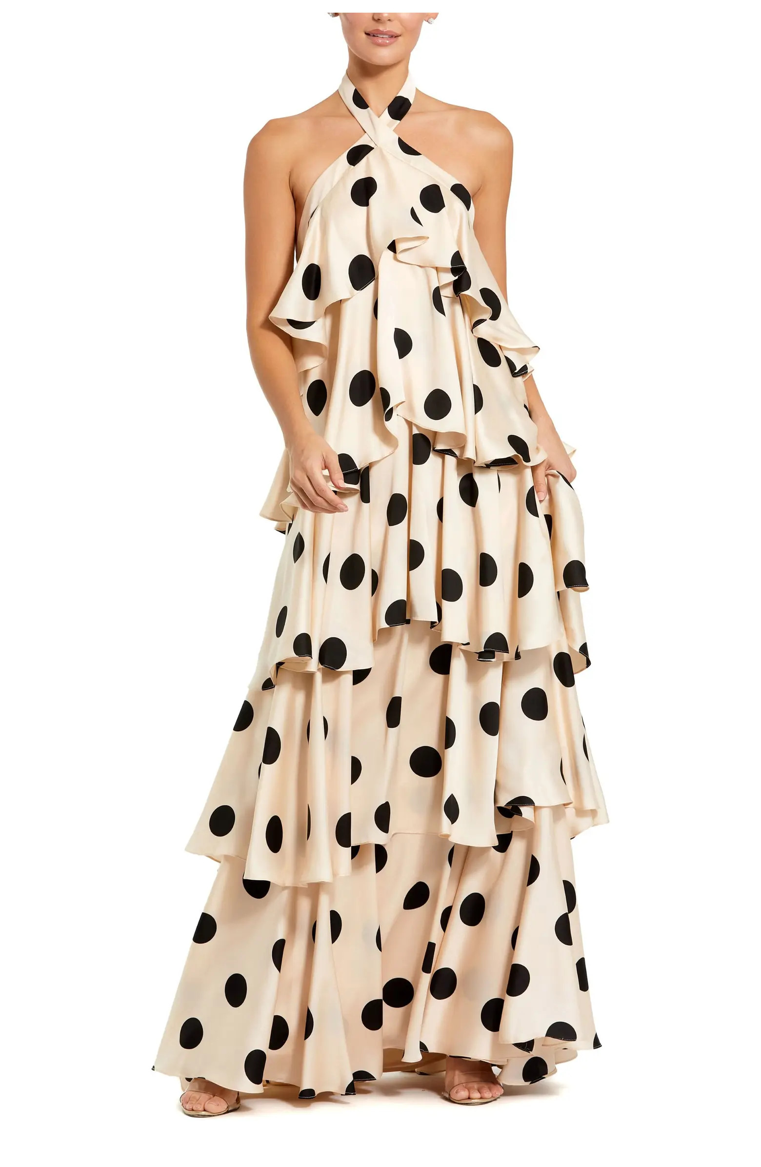 Polka Dot Charmeuse Halter Tiered Ruffle Gown | Nordstrom