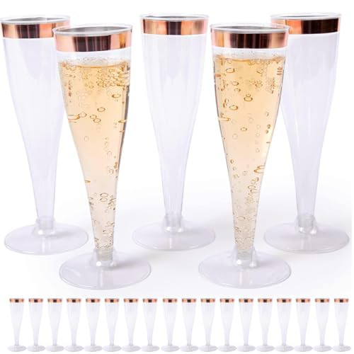 Prestee Set of 24 Plastic Champagne Flutes with Rose Gold Rim - 4.5 oz - Shatterproof Disposable Glasses - Elegant Design - Ideal for Weddings, Cocktail Parties, and Outdoor Celebrations | Amazon (US)