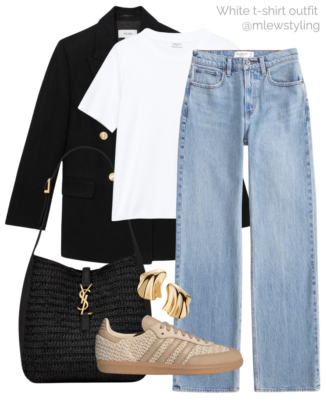 Chic everyday outfit with a white tee, black blazer, and Abercrombie jeans 🩵

Tags: ysl raffia bag, adidas samba sneakers, summer to fall transitional outfit, casual workwear, office outfit, neutral aesthetic, capsule wardrobe 

#LTKItBag #LTKShoeCrush #LTKWorkwear
