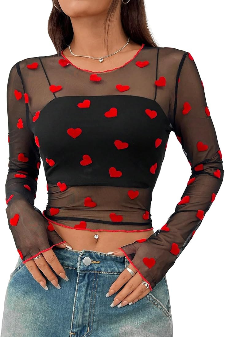 Floerns Women's Heart Print Sheer See Through Crewneck Long Sleeve Crop Tee Shirts | Amazon (US)