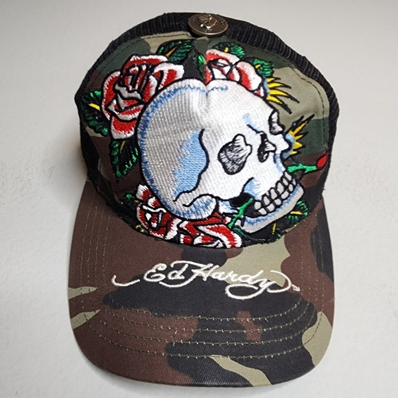 Ed Hardy Snapback Skull Roses Camo Mesh Embroidered Hat | Poshmark