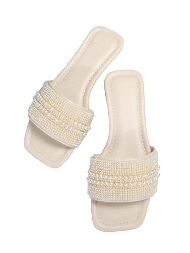 Verdusa Women's Pearls Open Toe Flat Sandals Slip One Slides Outdoor Sandals Beige 6.5 | Amazon (US)