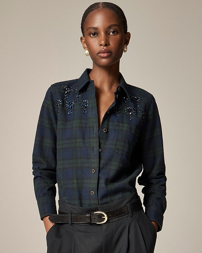 Embellished shrunken button-up shirt in tartan brushed cotton oxford | J. Crew US