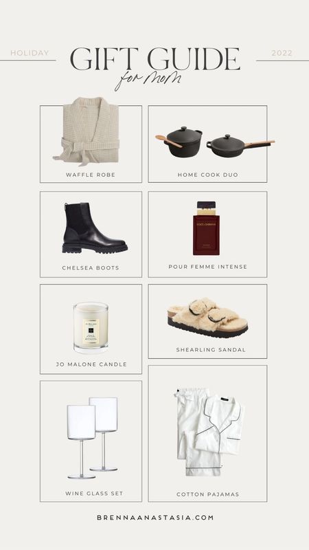 Holiday gift guide, gift guide 2022, gift ideas for mom, 2022 gift guide, home cook duo, waffle robe, Jo Malone candle, shearling sandals, wine glasses, white pajamas, cotton pjs, Chelsea boots, Dolce & Gabbana perfume 

#LTKHoliday #LTKSeasonal #LTKunder100