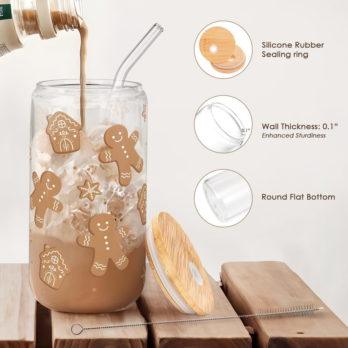 Gingerbread Christmas 16oz Can Glass Tumbler with Bamboo Lid & Straw - Iced Coffee Cup for Women ... | Amazon (US)