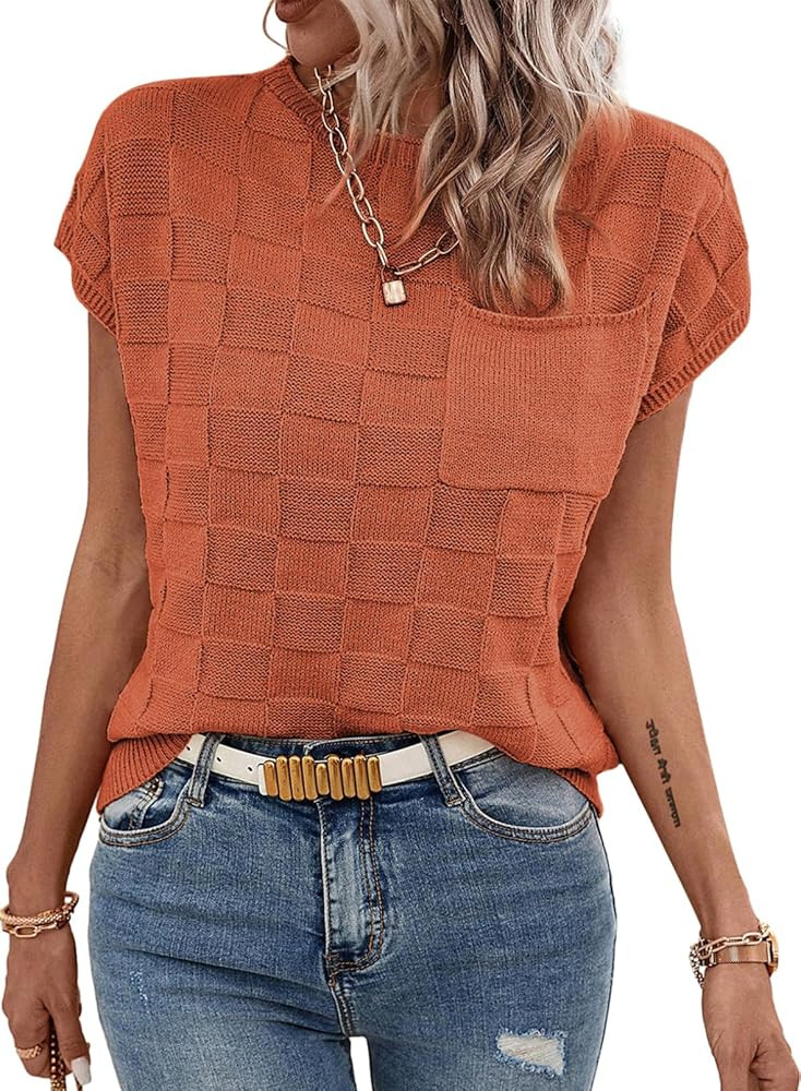 SHEWIN Womens Short Sleeve Sweater Casual Crewneck Summer Tops Lightweight Cap Sleeve Knit Sweate... | Amazon (US)