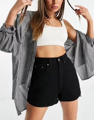 ASOS DESIGN denim high rise '80's' mom shorts in black | ASOS (Global)