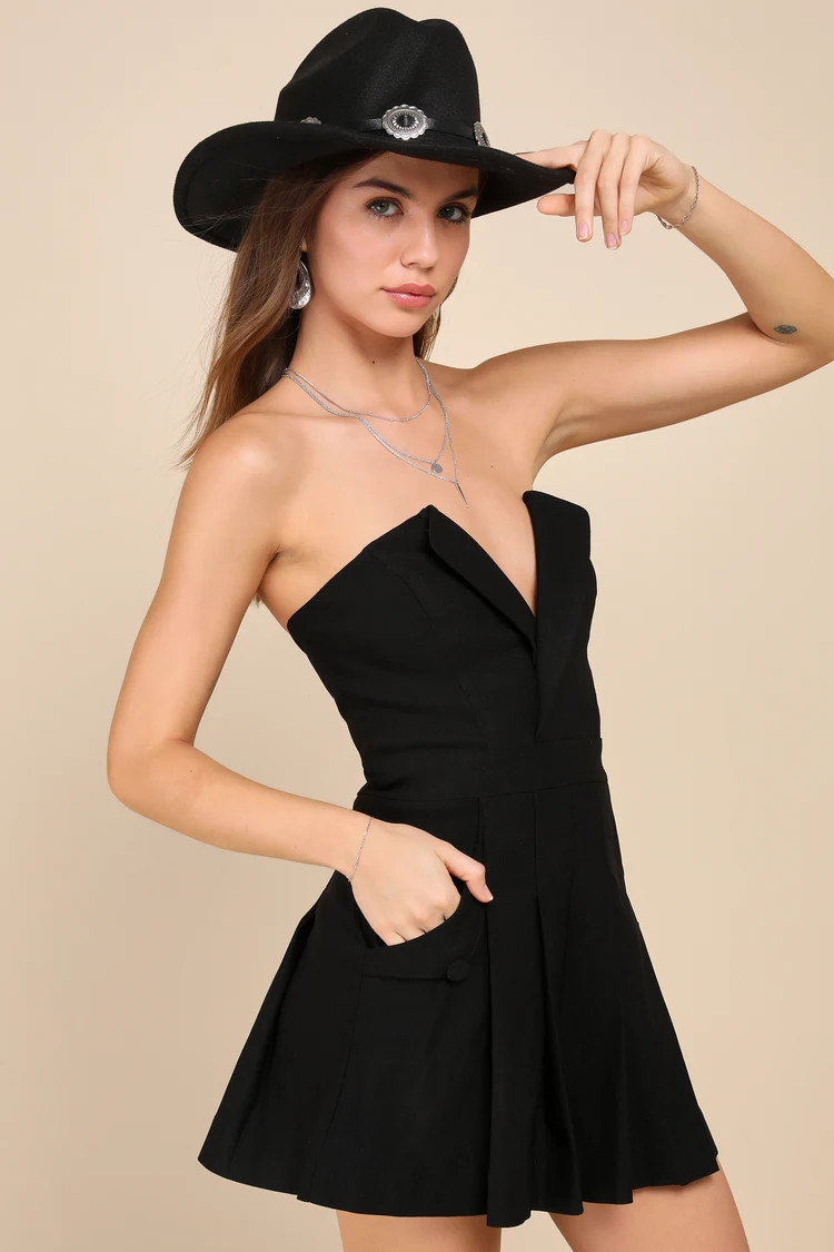 Unique Charisma Black Pleated Strapless Notch Neck Romper | Lulus