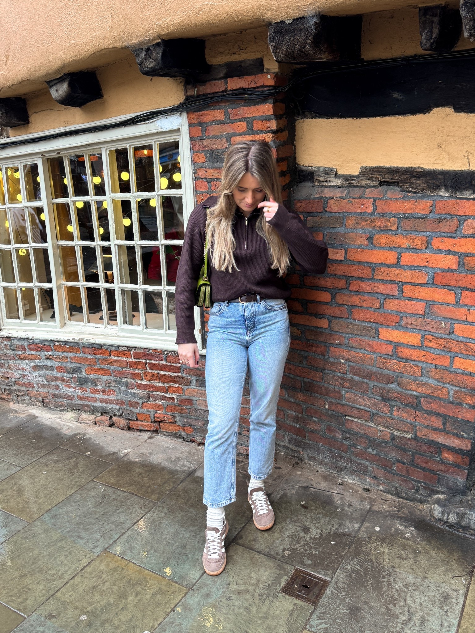 Brown Half Zip Knit / Light Blue Jeans / adidas Brown Spezials / Green & Brown Outfit / Brown & Denim Outfit / Casual Winter Outfit / Casual Autumn Outfit

#LTKuk #LTKwinter #LTKjeans