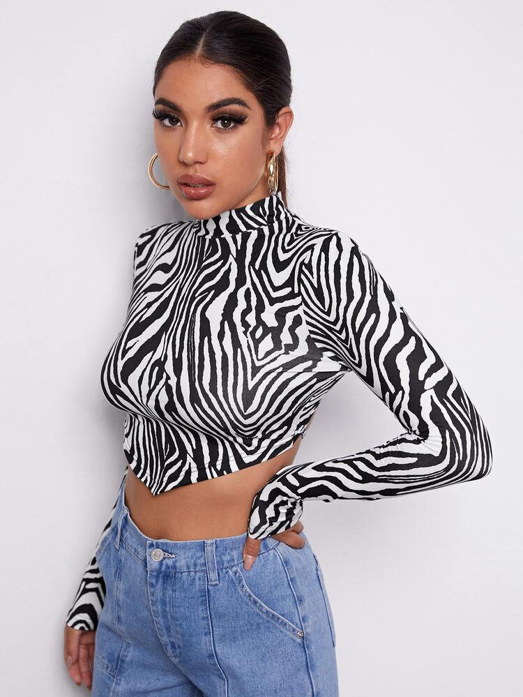 SHEIN Mock-neck Tied Open Back Zebra Striped Tee | SHEIN