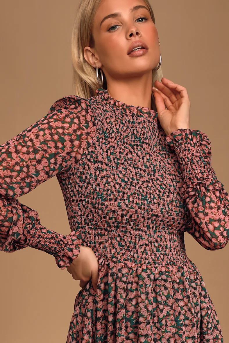 Floral Forever Green and Pink Floral Print Smocked Skater Dress | Lulus (US)