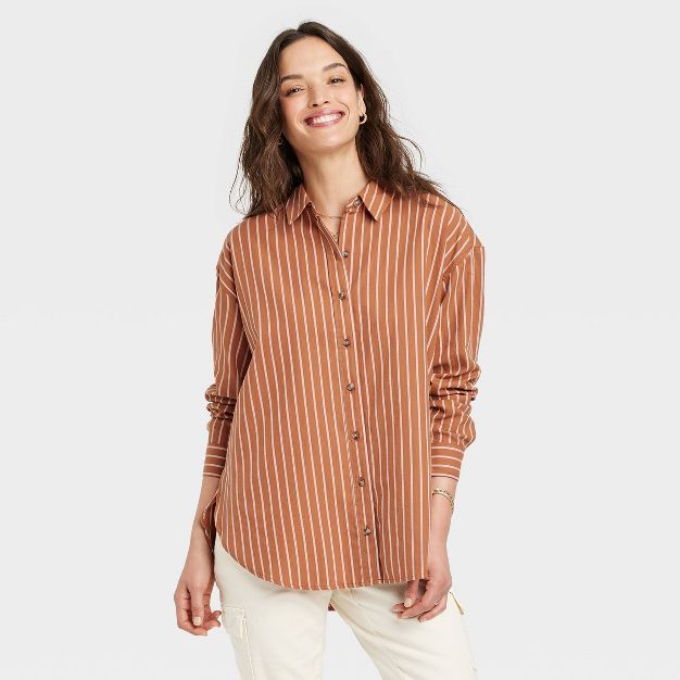 Women&#39;s Long Sleeve Oversized Button-Down Shirt - Universal Thread&#8482; Tan Striped M | Target