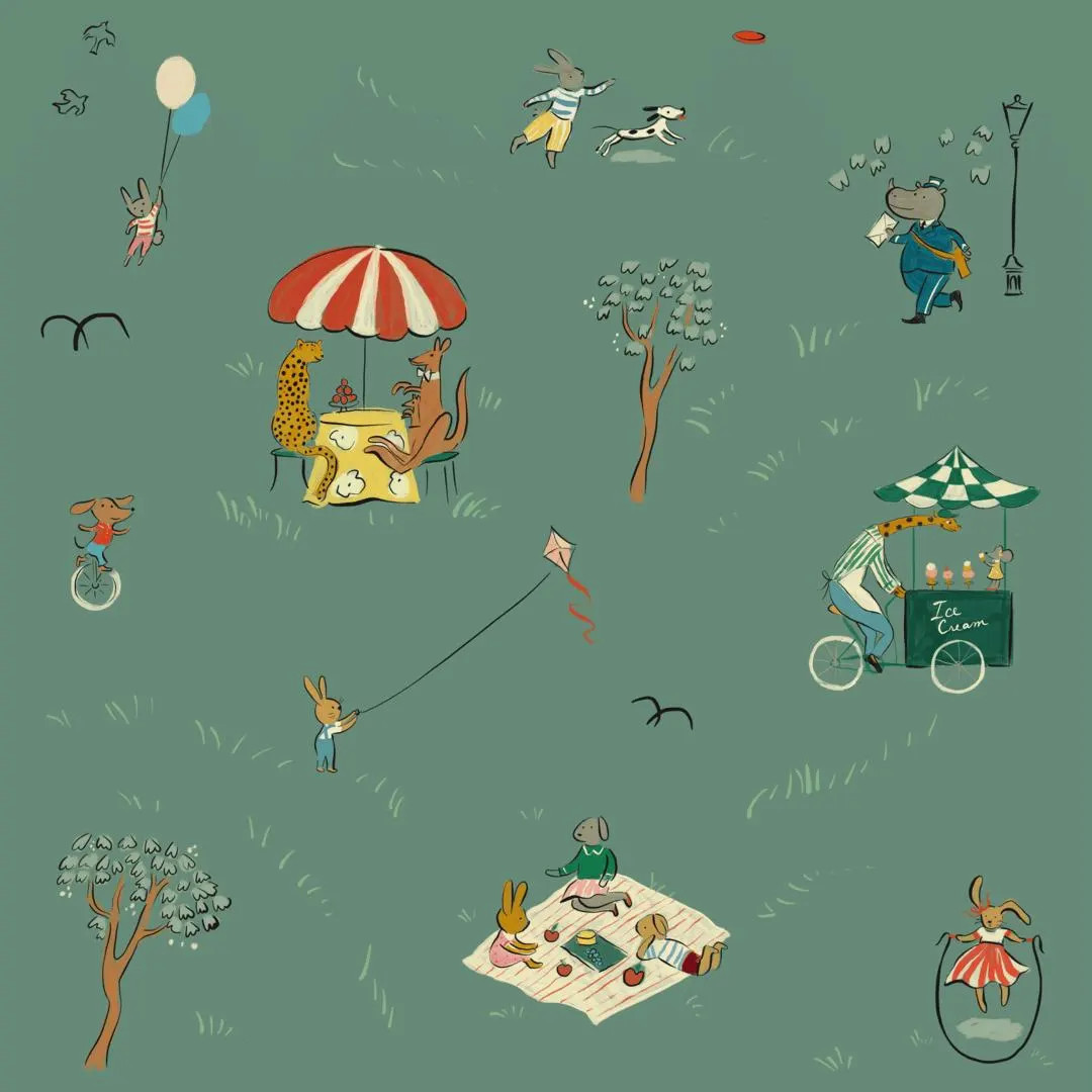 Parks Wallpaper - Green, Bemelmans Illustration, Vintage Ludwig Bemelmans Inspired Wallpaper, Ani... | Etsy (US)