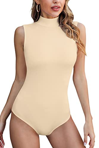 SHEIUGU Bodysuit Women's Mock Turtle Neck Sleeveless - Sexy Tank Top Soft slim Basic t-shirt(Sleeveless Nude-Small) | Amazon (US)