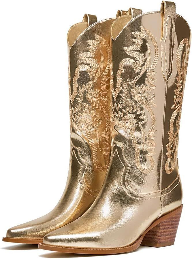 Women's Mid Claf Cowboy Boots Metallic Cowboy boots for Women Sparkle Cowgirl Booties Mid Wide Ca... | Amazon (US)
