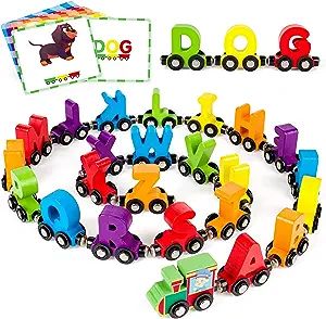 Vanmor 27 PCS Magnetic Wooden Alphabet Train Sets | ABC Letter Learning Toy Trains with 42 PCS Fl... | Amazon (US)