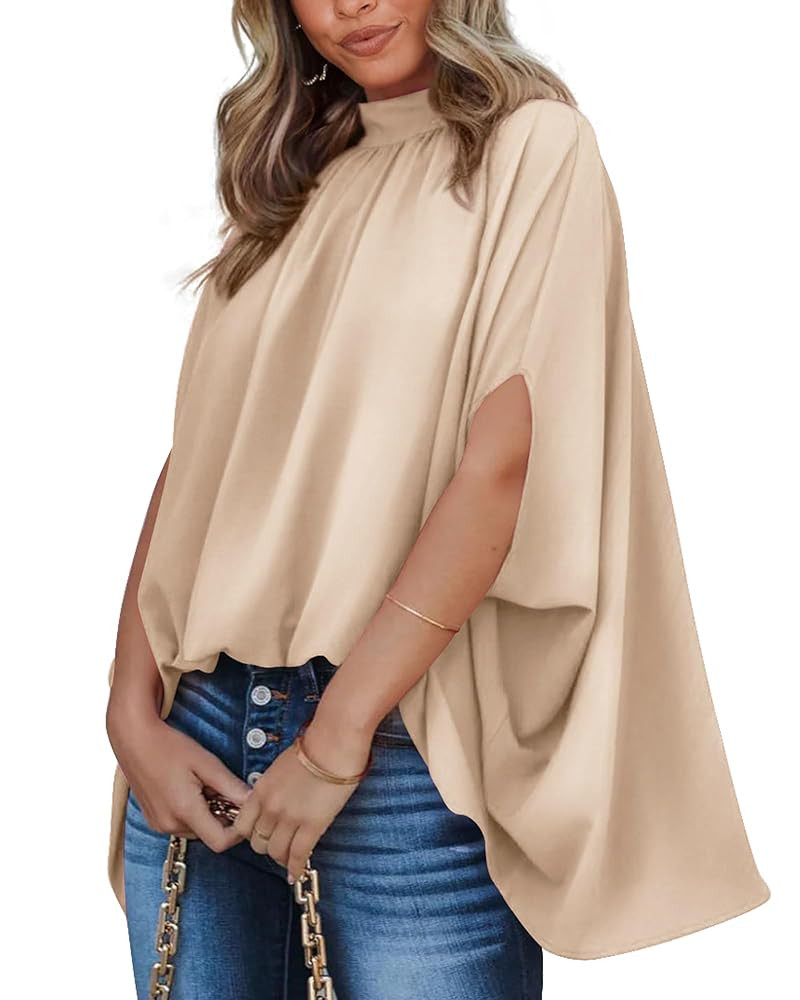BTFBM Womens Summer Tops 2025 Fall Mock Neck Batwing Sleeve Shirts Loose High Low Hem Oversized D... | Amazon (US)