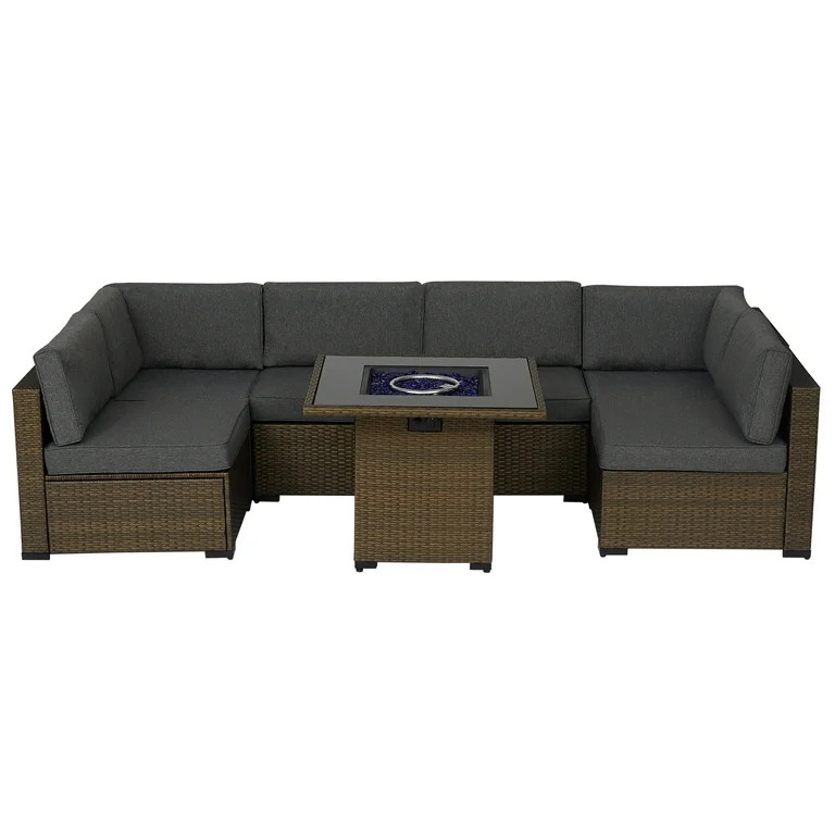 Kinbor 7Pcs Outdoor Furniture Set Wicker Sectional Sofa with Gas Fire Pit Table, Patio Conversati... | Walmart (US)