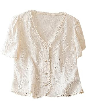 COZYEASE Women's Floral Embroidered Button Down Blouse Frill Trim Short Puff Sleeve V Neck Vacati... | Amazon (US)