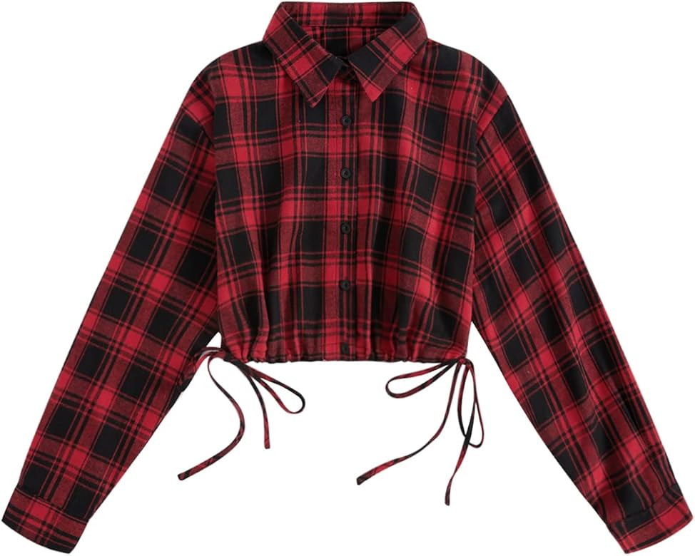 Verdusa Women's Ruched Drawstring Hem Plaid Print Button Down Crop Top Blouse | Amazon (US)