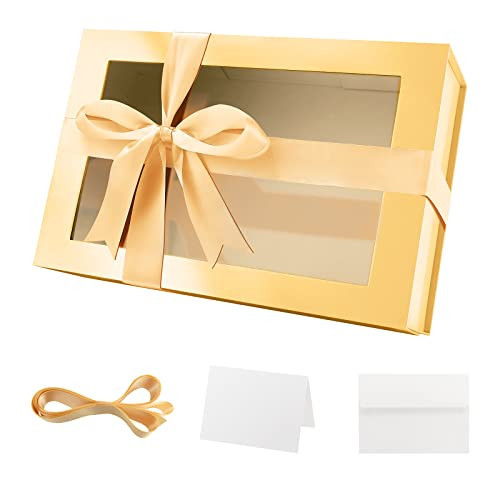 PACKQUEEN Large Gold Christmas Gift Box with Window, 13.5x9x4.1 Inches Clear Gift Box for Present Contains Ribbon, Card, Bridesmaid Proposal Box with Magnetic Lid (Glossy Gold) | Amazon (US)