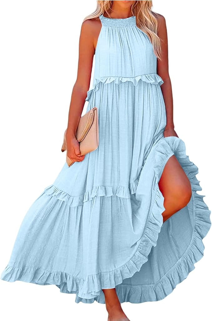 Women Boho Halter Maxi Dress Stretch Pleated Tiered Flowy Long Dress Ruffle Casual Beach Formal D... | Amazon (US)