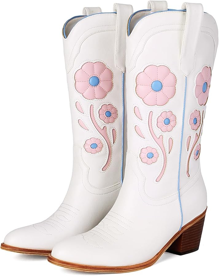 LGQ Womens Floral Cowboy Boots,Cute Mid Calf Flower Cowgirl Western Country Boot Pointed Toe Chun... | Amazon (US)