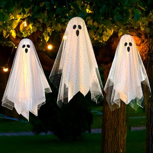 3pcs Halloween Hanging Ghost Decorations Outdoor/Indoor,Light-up White Hanging Ghost Decor Halloween Ornaments,Ghosts of Hallowee n Decor for Tree,Window,Front Yard, Patio, Lawn, Garden, Party | Amazon (US)