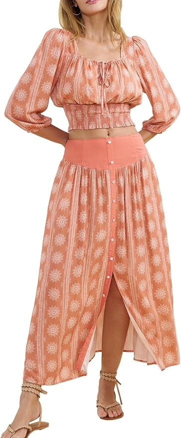 Women's Boho Print Dress 2 Piece Outfits Summer Tie Square Neck Short Sleeve Skirt Sets Slit Flow... | Amazon (US)
