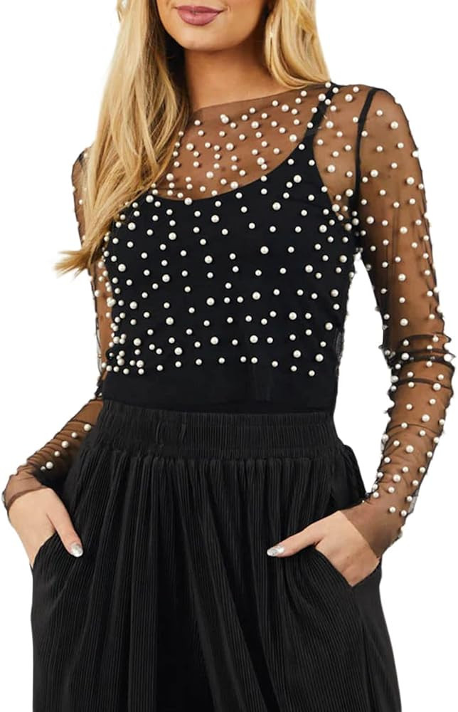 Women Pearl Top Sheer Mesh Long Sleeve Pearl Shirt Cover Up | Amazon (US)